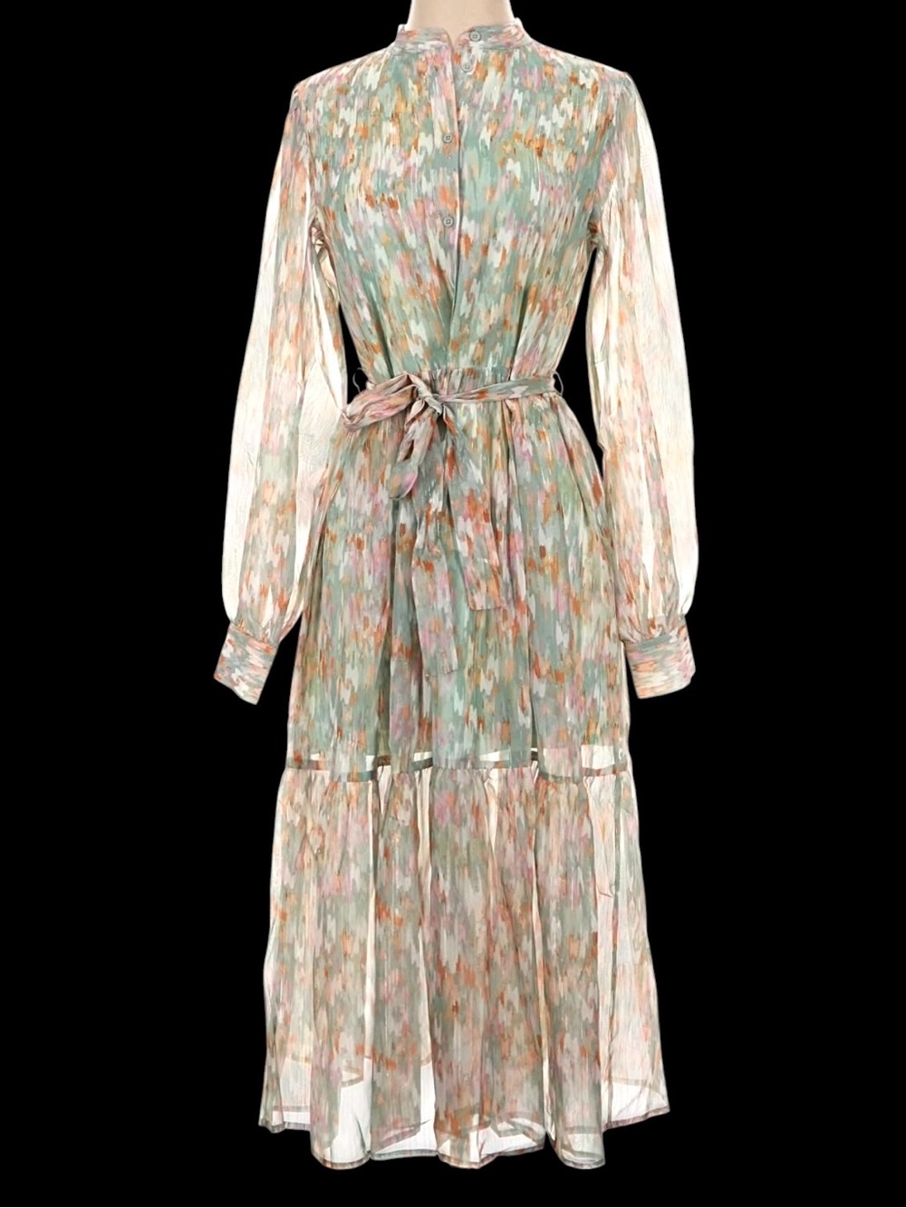 Spring & Mercer Watercolor Chiffon Sheer Midi Prarie Dress Gold Threads Pastel